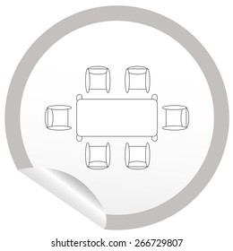Flat chair and table icon on sticker for floor plan outline. Line editable EPS10 vector furniture illustration. View from above