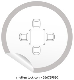 Flat chair and table icon on sticker for floor plan outline. Line editable EPS10 vector furniture illustration. View from above