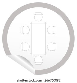Flat chair and table icon on sticker for floor plan outline. Line editable EPS10 vector furniture illustration. View from above