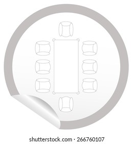 Flat chair and table icon on sticker for floor plan outline. Line editable EPS10 vector furniture illustration. View from above