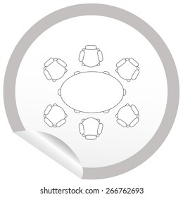Flat chair and table icon on sticker for floor plan outline. Line editable EPS10 vector furniture illustration. View from above
