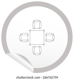 Flat chair and table icon on sticker for floor plan outline. Line editable EPS10 vector furniture illustration. View from above