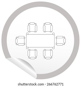 Flat chair and table icon on sticker for floor plan outline. Line editable EPS10 vector furniture illustration. View from above