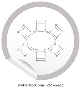 Flat chair and table icon on sticker for floor plan outline. Line editable EPS10 vector furniture illustration. View from above