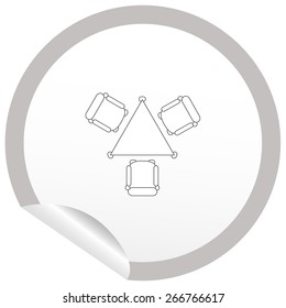 Flat chair and table icon on sticker for floor plan outline. Line editable EPS10 vector furniture illustration. View from above