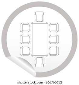 Flat chair and table icon on sticker for floor plan outline. Line editable EPS10 vector furniture illustration. View from above
