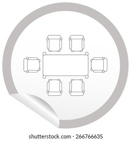 Flat chair and table icon on sticker for floor plan outline. Line editable EPS10 vector furniture illustration. View from above