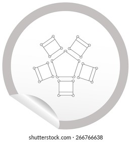 Flat chair and table icon on sticker for floor plan outline. Line editable EPS10 vector furniture illustration. View from above