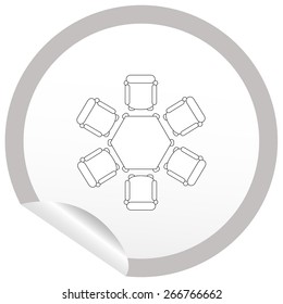 Flat chair and table icon on sticker for floor plan outline. Line editable EPS10 vector furniture illustration. View from above