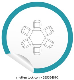 Flat chair and table icon on sticker for floor plan outline. Line editable EPS10 vector furniture illustration. View from above