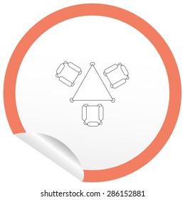 Flat chair and table icon on sticker for floor plan outline. Line editable EPS10 vector furniture illustration. View from above