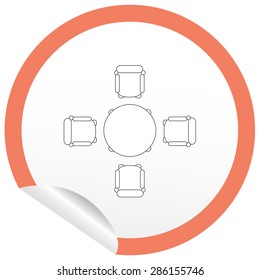 Flat chair and table icon on sticker for floor plan outline. Line editable EPS10 vector furniture illustration. View from above