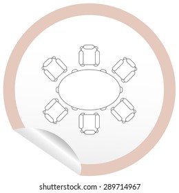 Flat chair and table icon on sticker for floor plan outline. Line editable EPS10 vector furniture illustration. View from above