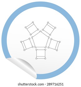 Flat chair and table icon on sticker for floor plan outline. Line editable EPS10 vector furniture illustration. View from above