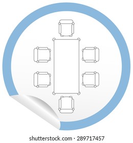 Flat chair and table icon on sticker for floor plan outline. Line editable EPS10 vector furniture illustration. View from above