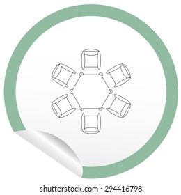 Flat chair and table icon on sticker for floor plan outline. Line editable EPS10 vector furniture illustration. View from above