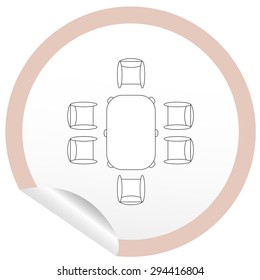 Flat chair and table icon on sticker for floor plan outline. Line editable EPS10 vector furniture illustration. View from above