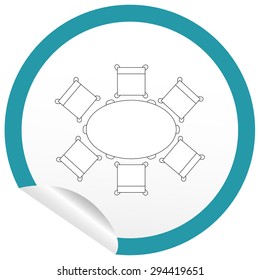 Flat chair and table icon on sticker for floor plan outline. Line editable EPS10 vector furniture illustration. View from above 