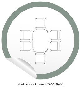 Flat chair and table icon on sticker for floor plan outline. Line editable EPS10 vector furniture illustration. View from above 