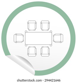 Flat chair and table icon on sticker for floor plan outline. Line editable EPS10 vector furniture illustration. View from above 