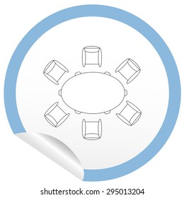 Flat chair and table icon on sticker for floor plan outline. Line editable EPS10 vector furniture illustration. View from above