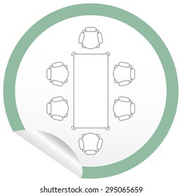 Flat chair and table icon on sticker for floor plan outline. Line editable EPS10 vector furniture illustration. View from above