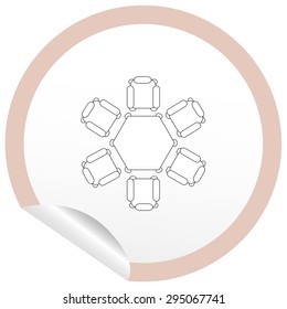 Flat chair and table icon on sticker for floor plan outline. Line editable EPS10 vector furniture illustration. View from above