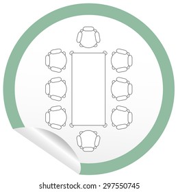 Flat chair and table icon on sticker for floor plan outline. Line editable EPS10 vector furniture illustration. View from above