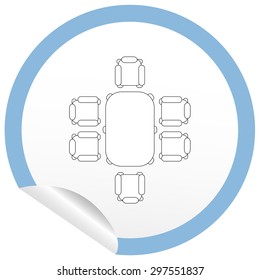 Flat chair and table icon on sticker for floor plan outline. Line editable EPS10 vector furniture illustration. View from above