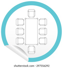 Flat chair and table icon on sticker for floor plan outline. Line editable EPS10 vector furniture illustration. View from above