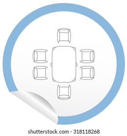 Flat chair and table icon on sticker for floor plan outline. Line editable EPS10 vector furniture illustration. View from above