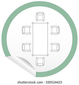 Flat chair and table icon on sticker for floor plan outline. Line editable EPS10 vector furniture illustration. View from above