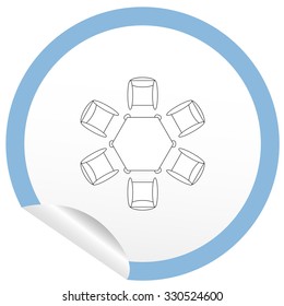 Flat chair and table icon on sticker for floor plan outline. Line editable EPS10 vector furniture illustration. View from above