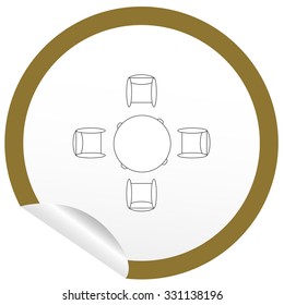 Flat chair and table icon on sticker for floor plan outline. Line editable EPS10 vector furniture illustration. View from above