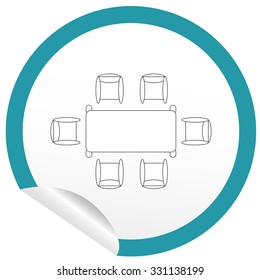 Flat chair and table icon on sticker for floor plan outline. Line editable EPS10 vector furniture illustration. View from above