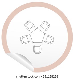 Flat chair and table icon on sticker for floor plan outline. Line editable EPS10 vector furniture illustration. View from above