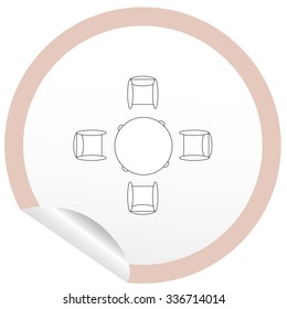 Flat chair and table icon on sticker for floor plan outline. Line editable EPS10 vector furniture illustration. View from above