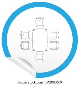 Flat chair and table icon on sticker for floor plan outline. Line editable EPS10 vector furniture illustration. View from above