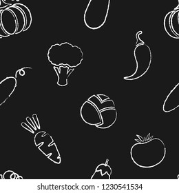 Flat chalk contour vegetable seamless pattern Texture background design with chalk silhouette evenly ordered vegetables on black chalkboard. Seamless vector illustration for healthy diet decor pattern