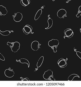 Flat chalk silhouette vegetable seamless pattern. Trendy decoration background on black chalkboard with chalk contour vegetables. Seamless vector illustration for vegetarian menu pattern, fabric print