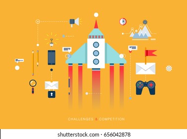 Flat challenges and competition banner for web site. Business and strategy concept with rocket to goals and techniques equipment