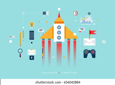 Flat challenges and competition banner for web site. Business and strategy concept with rocket to goals and techniques equipment