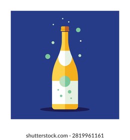 Flat of a champagne bottle with bubbles on a dark blue background, celebration beverage