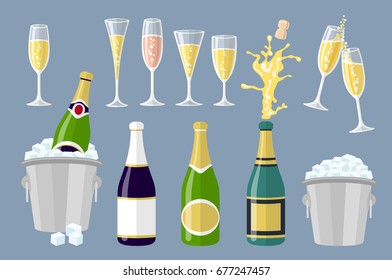 flat Champagne bottle and glasses, set of cartoon vector illustrations isolated on white background. Closed and open champagne bottle and glasses, holiday toast, cork jumping out with explosion art