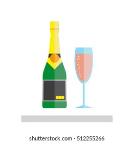 Flat Champagne glass and bottle isolated on white background