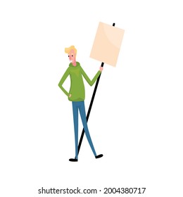 Flat character of activist with blank demonstration banner vector illustration