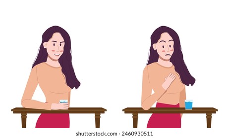 flat character of adult female with shirt outfit standing pose with table and glass of water