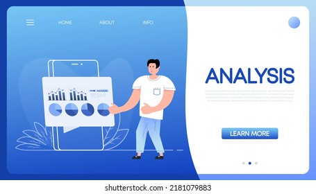 Flat character analysis people for report design. Vector illustration. Finance isometric.
