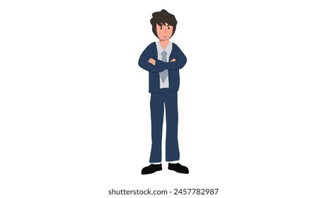 flat character of asian young man character with navy blazer suit standing pose