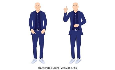 flat character of bald head guy with blue suit blazer outfit happy standing pose